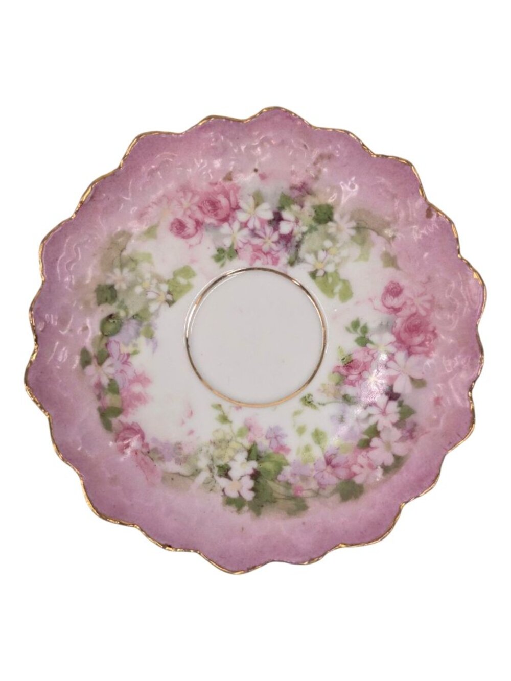 Vtg New Habsburg Austria Saucer Pink Green Scalloped Floral Gold Trim 4.25"